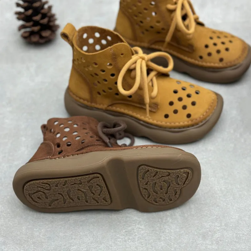 Women Retro Handmade Leather Lace-Up Hollow Out Breathable Boots