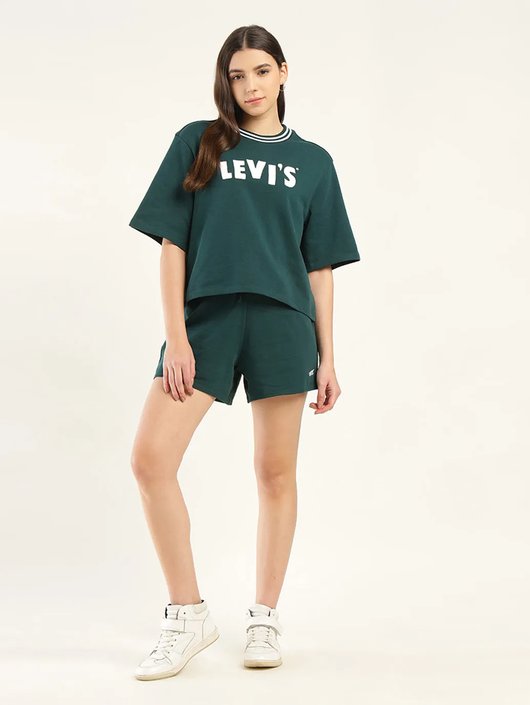 Women's Brand Logo Green Crew Neck Co-ord Set