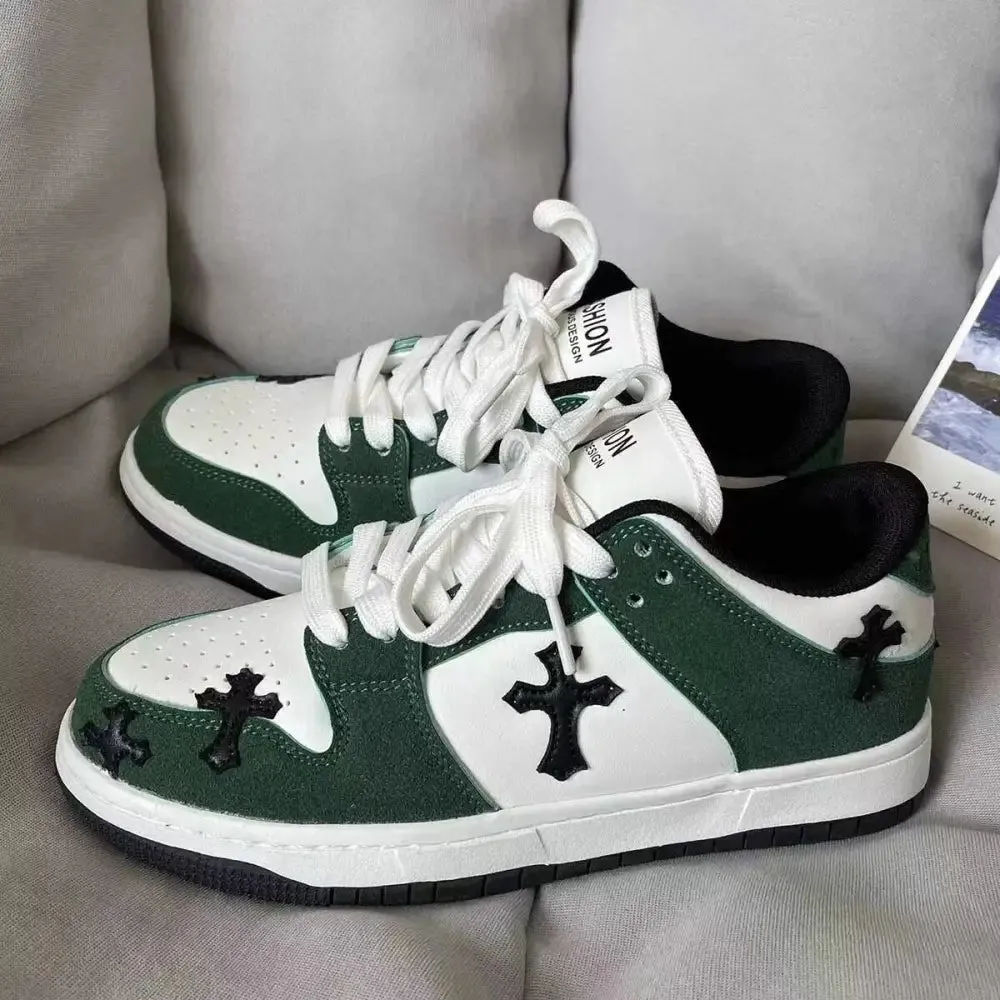 Y2K Green Cross Sneakers with Captivating Patchwork Design