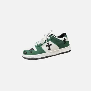 Y2K Green Cross Sneakers with Captivating Patchwork Design